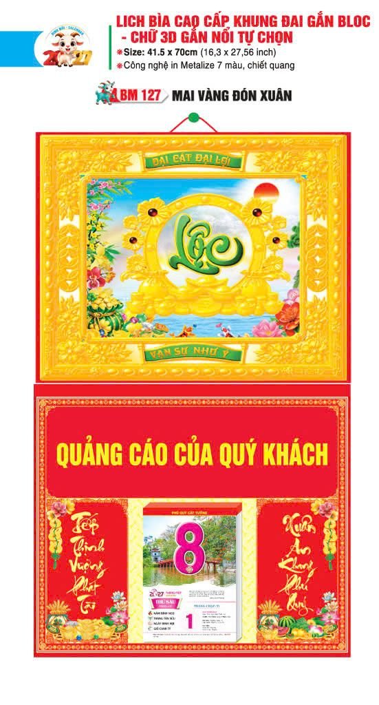 Bìa Lịch Treo Khung Đại Gắn Bloc BM 2027 BM127 - Mai Vàng Đón Xuân - Quà Tặng EcoTech