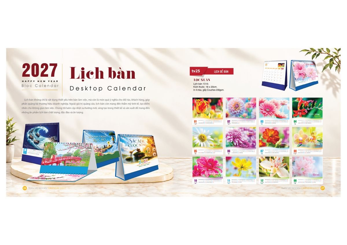 Lịch Bìa Treo Gắn Bloc 2027 TV14 Ấn Phẩm Lịch Tết Eco Thân Thiện Môi Trường